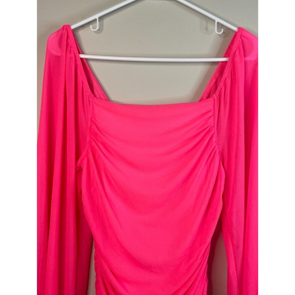 MEROKEETY Hot Pink Long Sleeve Square Neck Mesh Bodycon Midi Dress Size M 8-10 - Picture 7 of 15